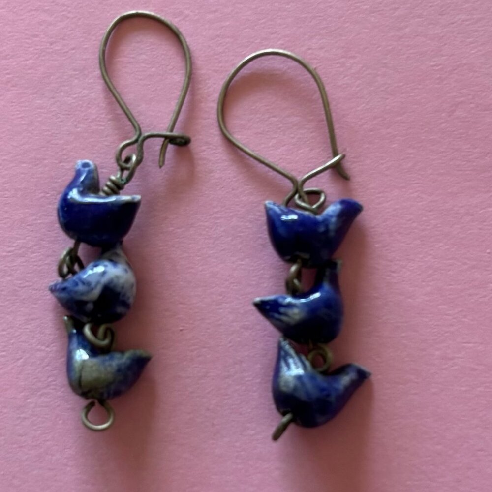 blue delicate porcelain dutch bird earrings